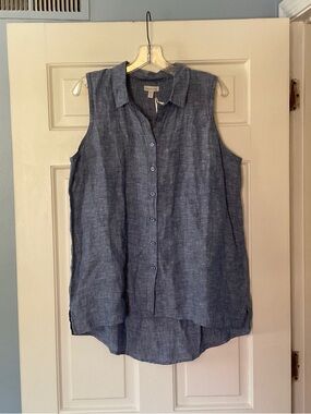 Garnet Hill Easy Linen Button-Down Tank Top Blue 12 NWT Coastal Nautical Beachy